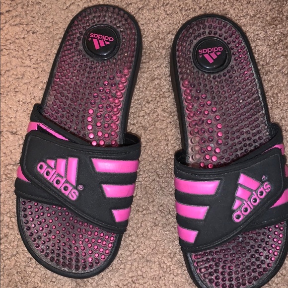 pink and black adidas slides